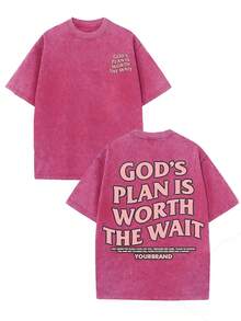 God's Plan Is Always Worth Waiting For, Classic Retro Fashion Street Jesus' Plan Is Worth Waiting For. Popular Letter Pattern Printed Boutique 230g Washed Cotton T-Shirt, Men's Summer High-Quality Printed Cotton Retro Fashion Retro Brand Loose, Soft And Comfortable Casual Rose Red T-Shirt, Suitable For Outdoor Wear In Summer, With A Certain Thickness, Daily Wear And Friend Gifts, Back To School Gifts - 玫紅色 - 查看 1