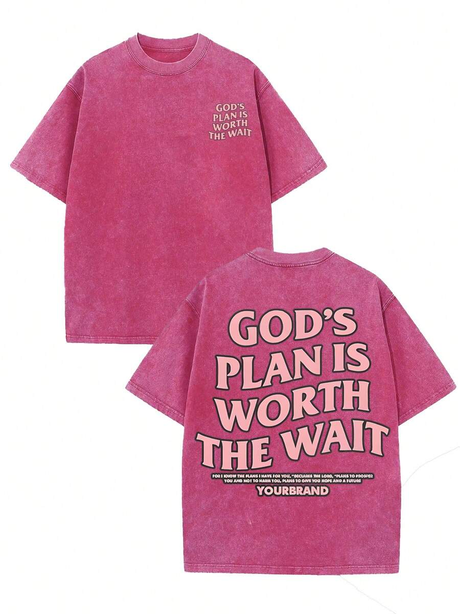 God's Plan Is Always Worth Waiting For, Classic Retro Fashion Street Jesus' Plan Is Worth Waiting For. Popular Letter Pattern Printed Boutique 230g Washed Cotton T-Shirt, Men's Summer High-Quality Printed Cotton Retro Fashion Retro Brand Loose, Soft And Comfortable Casual Rose Red T-Shirt, Suitable For Outdoor Wear In Summer, With A Certain Thickness, Daily Wear And Friend Gifts, Back To School Gifts - 玫紅色 - 查看 1