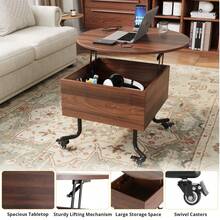 VOWNER Height-Adjustable Coffee Table With Hidden Storage And Casters, Round Living Room Table With Liftable Top For Living Room, Office And Small Spaces - 棕色 - 查看 6