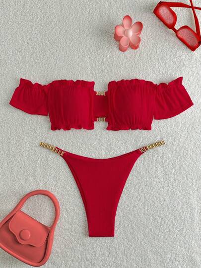 全新纯色时尚空心链比基尼，带荷叶边可爱性感抹胸泳衣套装，女士夏季沙滩装