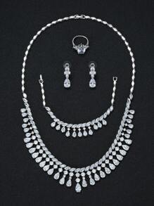 1 Set Of 5pcs Luxurious Cubic Zirconia Necklace Earrings Bracelet Ring Jewelry Set, High-Quality Teardrop Decor Bridal Wedding Evening Party Accessories Gift For Women