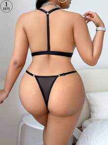 1pc Plus Size Lace Embroidery Wireless Lingerie Set - Black - View 2