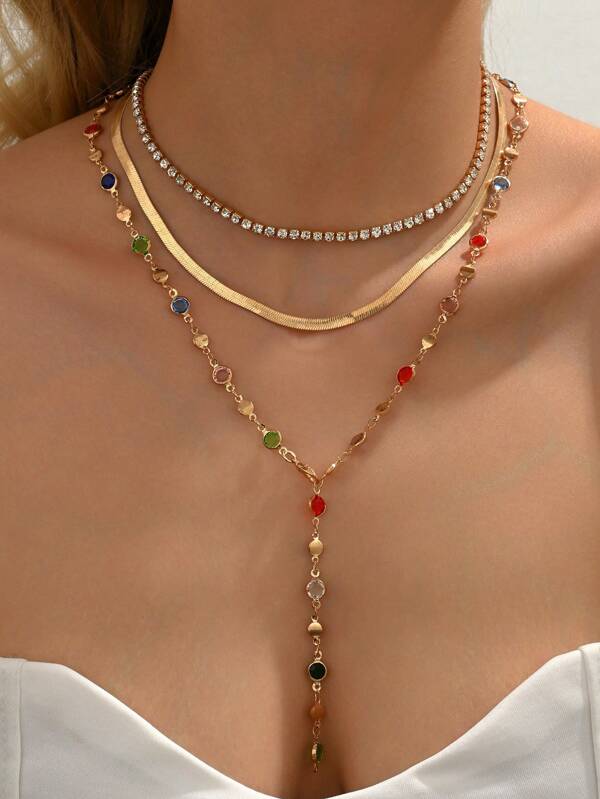 Conjunto de 3 peças de correntes boêmias coloridas em formato de Y, correntes de osso de cobra multicamadas, colar feminino com diamantes, correntes de vidro colorido em formato de Y, joias da moda para mulheres, adequadas para uso diário e para festas
