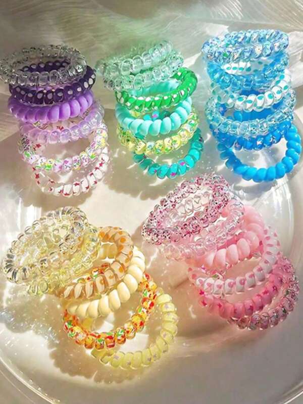 Set de 18 piezas - Bandas elásticas de colores aleatorios: accesorios para el cabello con diseños y patrones divertidos, lazos de cabello frescos y dulces, accesorios para el cabello casuales de mujer, regalo y elemento para fotografías, lazos de cabello en espiral, lazos de cabello de bobina elástica, regalo para boda y novia, regalo de compañero, caja de regalo para dama de honor, set de 6, recuerdos para fiesta de San Valentín