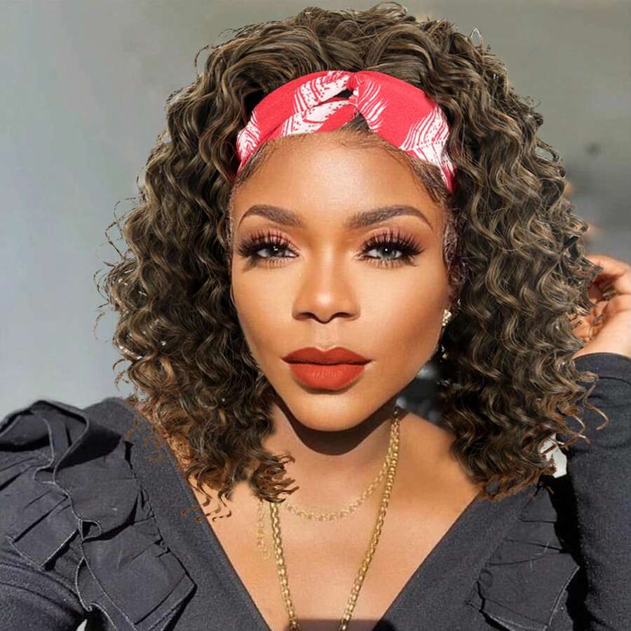 14inch HeadBand Wig Kinky Curly Wig For Women, Deep Wave Headband Wig Glueless Half Wigs Synthetic Hair Curly Headband Wig 1B/27# - 1b/27# - 查看 1