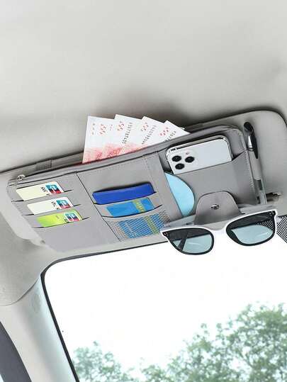 حقيبة تخزين شمسية للسيارة من الجلد الطبيعي - حافظة متعددة الجيوب لنظارات الموضة والبطاقات والمستندات، تناسب جميع أنواع السيدان والشاحنات