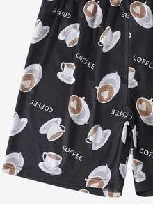 2pcs Pizza & Coffee Cartoon Print Loose Fit Drawstring Shorts, Men Casual Home Pants, Summer - Black - View 3