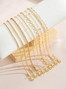 16pcs/12pcs/11pcs/9pcs Stylish Simple Classic Copper Braided & Snake Chain Layered Heart Charm Bracelet Set For Women, Birthday, Vacation, Party, Daily Outfit, Versatile. (Please Note There May Be Slight Color Difference Between Actual Product And Images Due To Lighting And Angle During Photography)