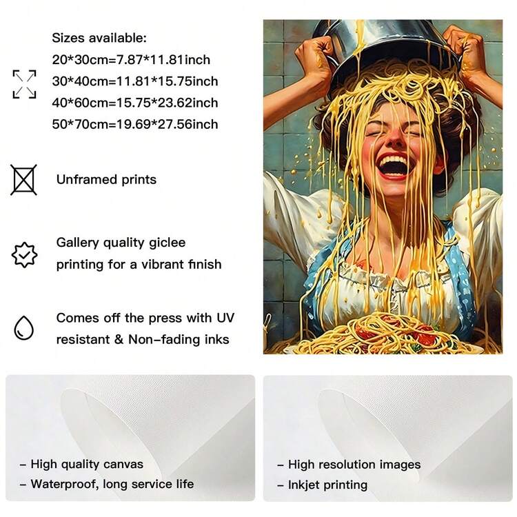 1PC Frameless Canvas Painting "Spaghetti Head" Funny Pasta Art Print - Retro Cooking Theme, Whimsical Maximalist Home Decor, Wrapped Canvas,Perfect For Kitchen, Bathroom, Or Living Room Decor,Perfect For Room Decor,Aesthetic Room Decor, Bedroom,Waterproof Canvas Wall Art, Artwork Wall Painting For Gift,Kitchen, Dining Room, Living Room, Cafe, Bar, Wall Decor , Home And Dormitory Decoration Gifts Birthday Graduation - Multicolor - View 8