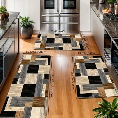 1 件/2 件/3 件多色仿木纹拼布格纹厨房装饰柔软吸水防滑地毯套装，可洗浴室地垫，适用于卧室、厨房、客厅、浴室入口、节日氛围装饰地毯