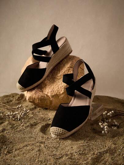 Tropiscape 女士度假踝带坡跟鞋，仿麂皮草编坡跟鞋，秋季圣诞节冬季圣诞礼物