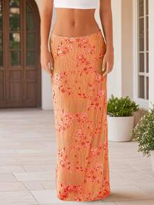Women Summer Skirt Casual Elegant Sequin Floral Embroidery Long Skirt For Beach Vacation Club Streetwear - 橘色 - 查看 3