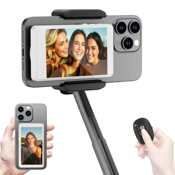 Moniteur selfie sans fil pour iP hone et Android, 1800 mAh, avec télécommande Bluetooth, luminosité à 3 niveaux et mode écran large, utilisation de la caméra arrière du téléphone pour selfies, vlogs, diffusion en direct sans délai