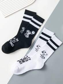 SNOOPY 2 pares de calcetines de media pantorrilla de rayas de dibujos animados de alta calidad en negro y blanco para hombres, calcetines de mujer de la caricatura Snoopy, calcetines de verano regalo para hombres, calcetines transpirables y cómodos, estilo de pareja