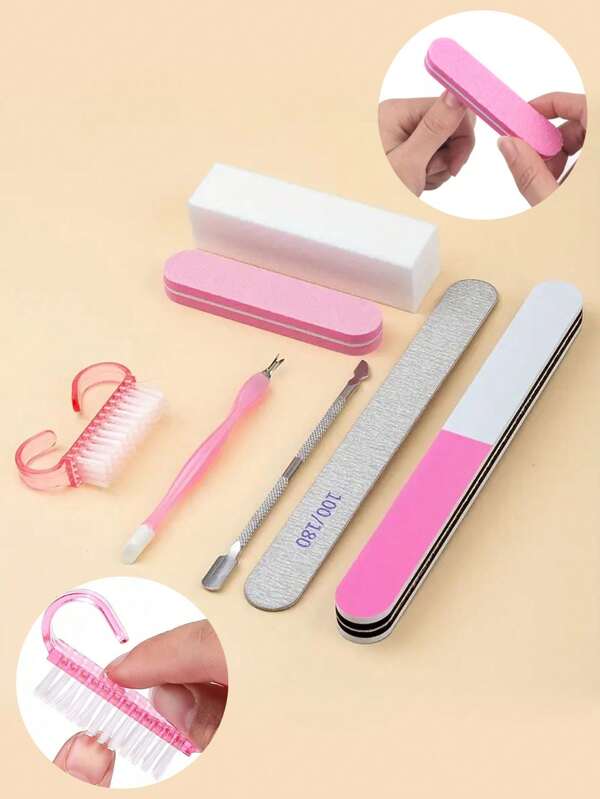 7PC Nail File Set Manicurist Manicure Set Steel Nail Push 7-Piece Set, 100/180 Nail File Double-Headed Dead Fork Cleaning Brush Mini Sponge File Four-Sided Polishing Block, Shaping, Polishing, Dead Corner, Cleaning And Other Full Set Of Tools For Grinding And Polishing All-Purpose Set