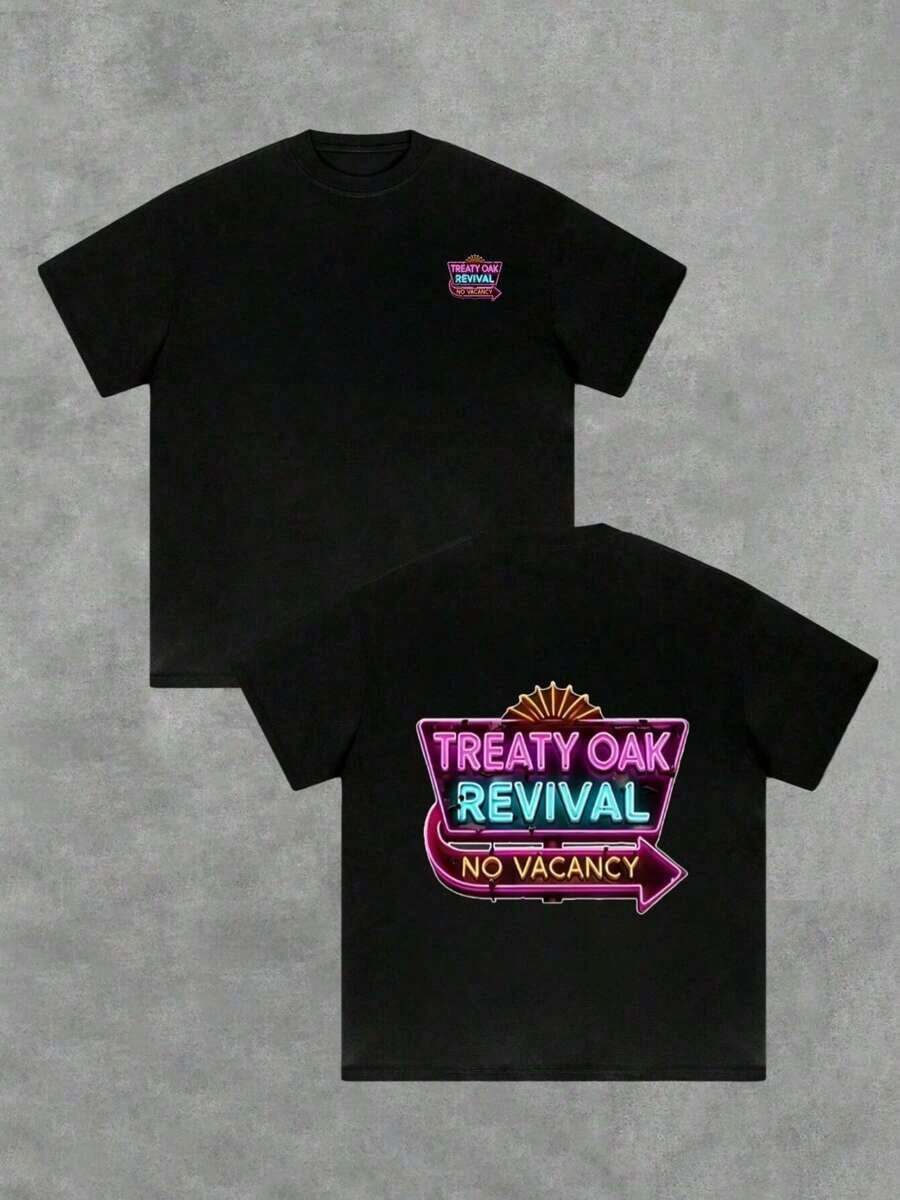 Mens Casual Crew Neck Short Sleeve T Shirt 1Pcs 100 Percent Cotton Double Sided Digital Print Treaty Oak Revival Design 220g Heavyweight T Shirt 6ET3 - 黑色 - 查看 1