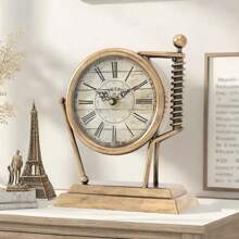 Vintage Style Iron Tabletop Wall Clock, Retro Decorative Room Shelf Desktop Clock For Home Living Room Bedroom, Gift Room Decor Digital Clock Alarm Clock
