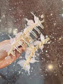 1pc Elegant Pearl & Rhinestone Butterfly Large Hair Claw Clip, Sweet & Cute Hair Accessory, Suitable For Casual, Outing, Party Matching, Pink Fashion Hair Clutch