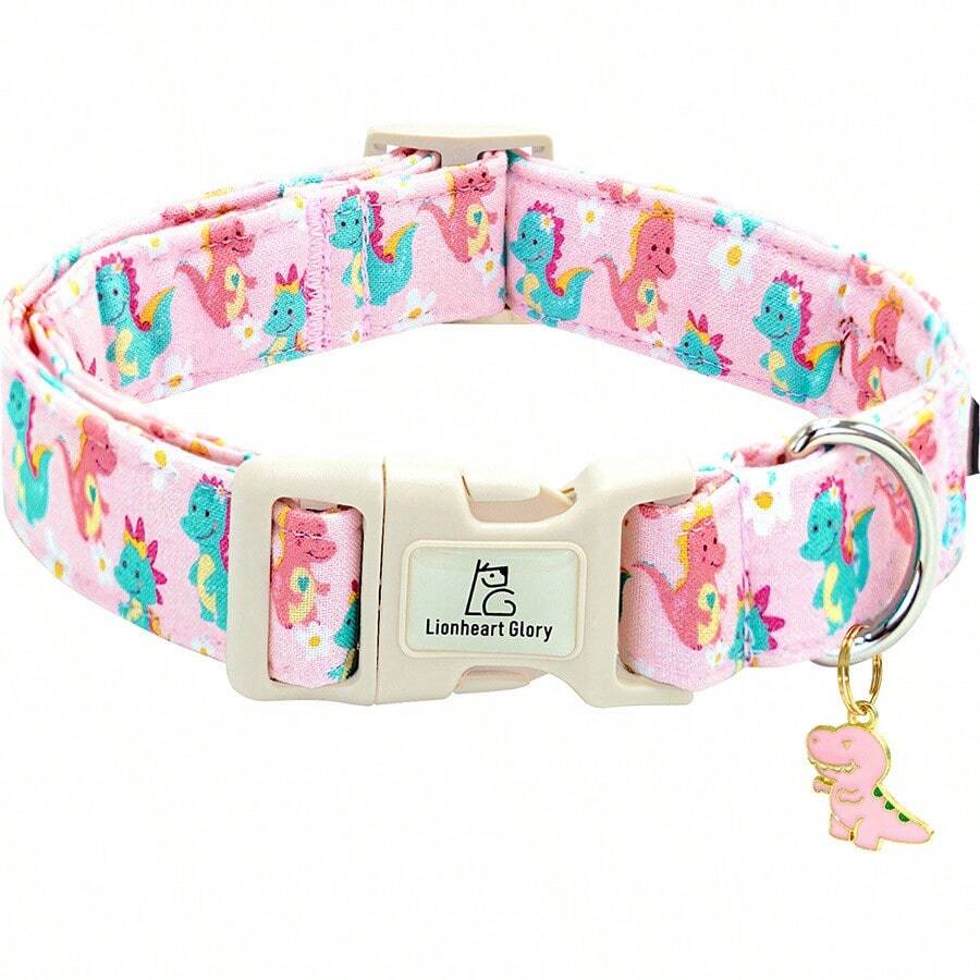 Lionheart Glory Dog Collar Dinosaurs Pattern Cute Collar For Medium Dogs Spring Summer Female Or Male Collars Pets Gift Adjustable Heavy-Duty Pet Collars