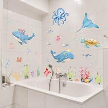 Decoração Simples de Outono Adesivo de Banheira com Animais do Oceano Azul, Adesivo de Parede para Decoração de Banheiro com Golfinho Azul do Mar e Água-Viva, Decalque Autoadesivo de Banheira, Adesivo de Decoração de Parede de Bottom de Banheira, Adesivo de Decoração de Banheiro Doméstico Volta às Aulas