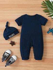 2pcs Men's Baby Letter Little Brother Fashion Printed Shoulder Short Sleeved Jumpsuit&Hat Summer Set