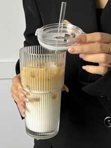 Retro Ribbed Glass Cup With Lid & Straw - Large Vertical Striped Double-Wall Tumbler, Perfect For Whiskey, Cocktails, Iced Coffee & Cold Drinks - 透明 - 查看 2