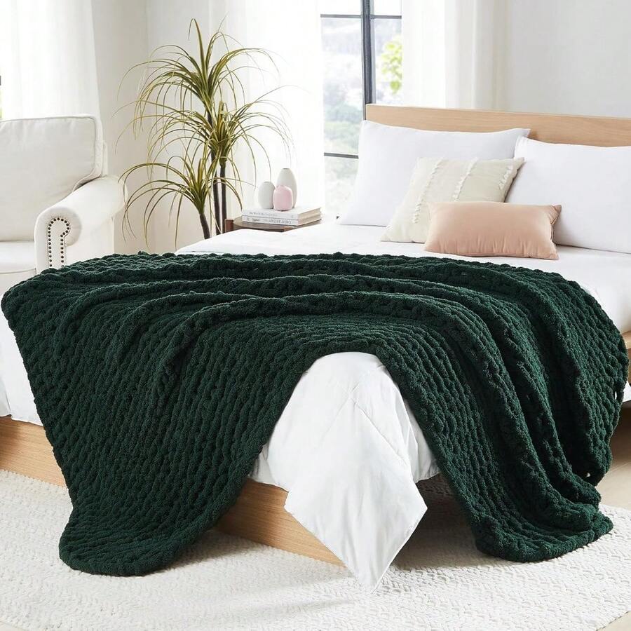 Chunky Knit Blanket - Soft Chenille Yarn Throws 40x50: Handmade Thick Cable Crochet Blanket - Large Chunky Yarn Rope Knot Throw For Couch, Sofa, Bed Home Decor - 橄欖綠 - View 1
