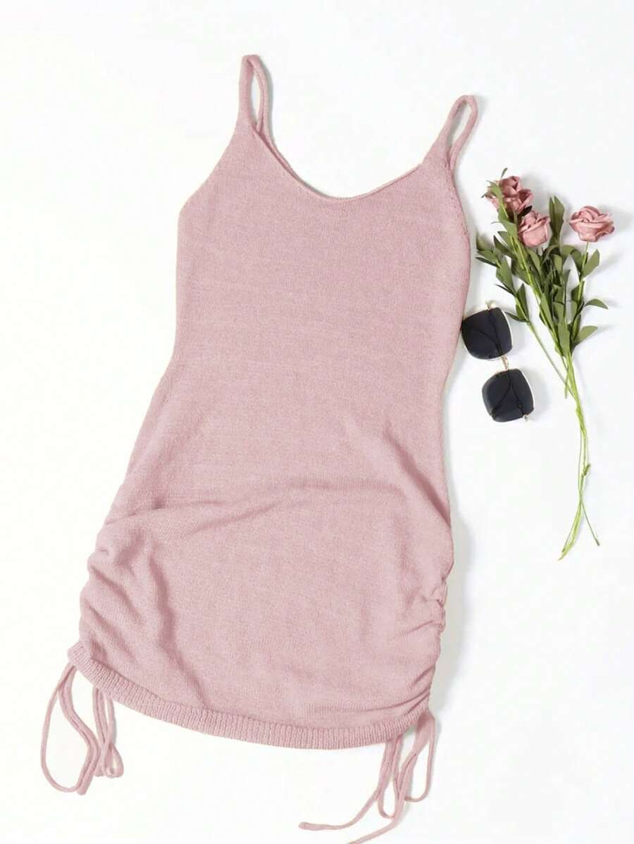 Solid Color Ruched Side Drawstring Summer Casual Sleeveless Knit Dress - Baby Pink - View 1