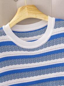 GIGOGOU 新款女士夏季条纹短袖镂空针织T恤 - 藍色 - 查看 10