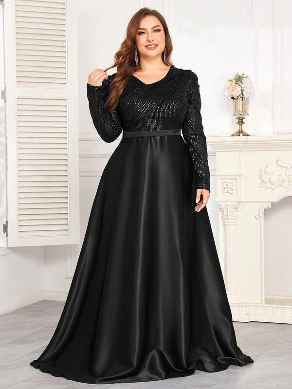 hezixi Mangas compridas com decote em V e lantejoulas elásticas de alta qualidade, corte justo e bainha estilo rabo de peixe, tamanho grande, apresentando um vestido longo sólido, elegante e luxuoso para mulheres, tornando as mulheres mais jovens e charmosas, adequado para várias festas, formaturas, casamentos, eventos e vários banquetes e festas dançantes, vestido de baile formal para mulheres (edição de luxo)