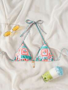 Áo bikini nữ gợi cảm màu xanh in hoa, thích hợp cho kỳ nghỉ hè trên bãi biển. - màu xanh lá - Xem 4