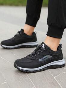 Men's Lightweight Mesh Sneakers, Black Casual Outdoor Shoes For Autumn, Elastic Band Low-Top Flat Black Shoes, Men's Training Shoes, Tennis Shoes, Road Running Shoes