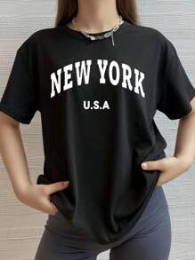 Women's Round Neck Letter Print Loose Fit Short Sleeve Outdoor T-Shirt