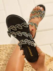 planare Women's Fashion Elegant Black Rhinestone Flat Slip-On Sandals, Suitable For Casual, Party, Date, Daily Commute Matching, Stable And Comfortable Fit, Stylish And Graceful Ladies Flat Slides - Black - View 2