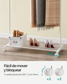 Perchero Burro, Burro de Ropa con 2 Barras, Marco de Metal, Barra Colgante de 91 cm de Ancho, con Estante, 2 Ruedas Bloqueables, Cada Barra Soporta hasta 20 kg, Blanco - Weiss - Übersicht 5