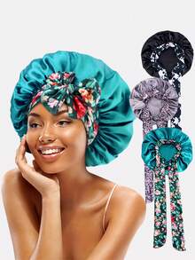 2pcs Women's Multicolor Printed Elastic Band Satin Bonnet For Daily Use Silk Bonnet Satin Bonnet - Multicolor - View 5