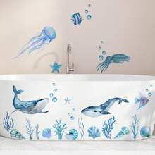 Decoração Simples de Outono Adesivo de Banheira com Animais do Oceano Azul, Adesivo de Parede para Decoração de Banheiro com Golfinho Azul do Mar e Água-Viva, Decalque Autoadesivo de Banheira, Adesivo de Decoração de Parede de Bottom de Banheira, Adesivo de Decoração de Banheiro Doméstico Volta às Aulas