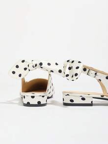 Plus Size Polka Dot Satin Chunky Heel Sandals For Women, Pointed Toe, White, Spring/Summer, French Retro Style, Bow Decor, Backless, Mary Jane, Comfortable - White - View 10