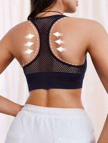 1 Piece Hollow Mesh Knit Front Zipper Hollow Stretch Moisture Wicking Design Breathable Seamless Sports Bra, Fitness Yoga Running Bra With Removable Pads, Breathable Mesh Tank Top, Women's Summer Bras And Short Tops Underwear - 黑色 - 查看 2