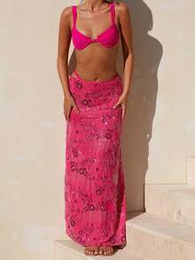 Women Summer Skirt Casual Elegant Sequin Floral Embroidery Long Skirt For Beach Vacation Club Streetwear - 玫紅色 - 查看 2
