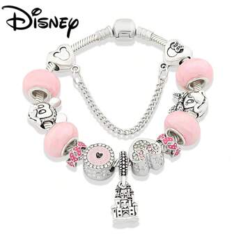 Disney سوار خرز ديزني كرتوني بلوري وردي مطلي بالفضة بخرزة قلب ميكي وميني، مجوهرات هدية للنساء