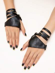 1 双嘻哈风格 PU 皮革露指手套，适合音乐节佩戴 - 黑色 - 查看 6