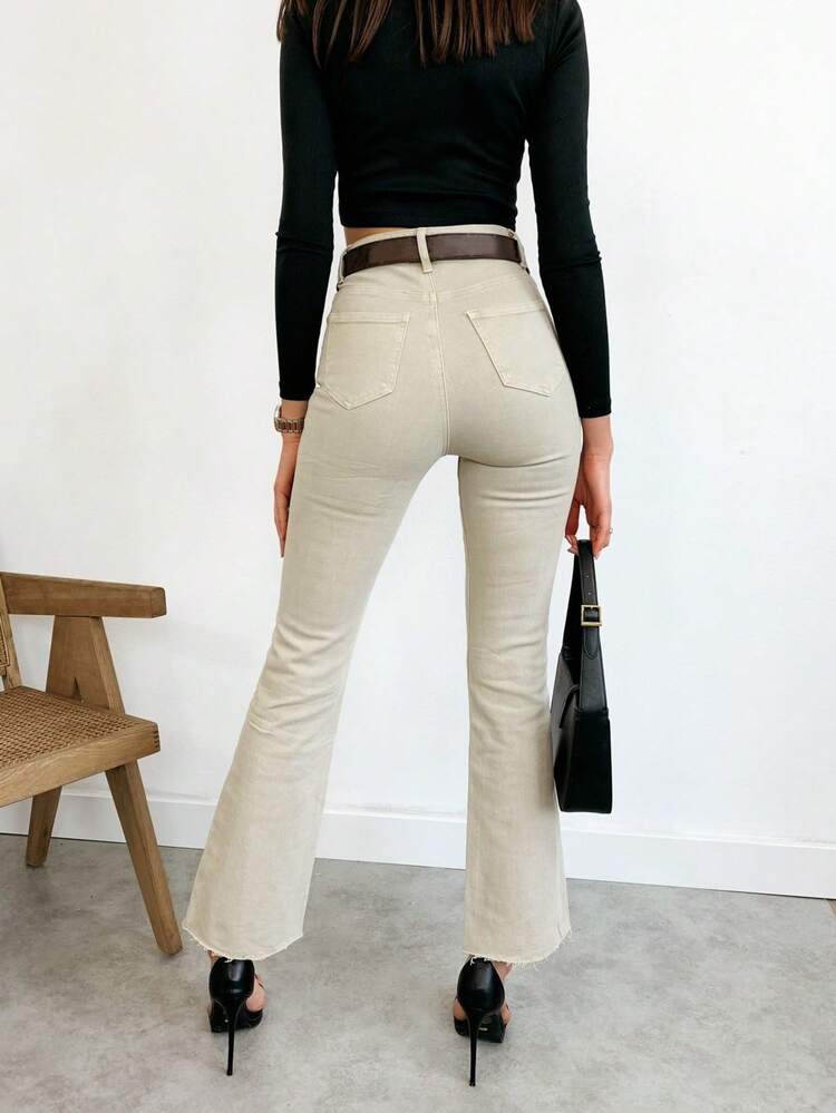 女士顏色布褲bootcut褲 女式牛仔褲 女式bootcut 褲子 時尚純色口袋扣拉鍊 - 米色 - 查看 6