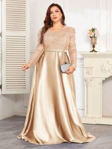 hezixi 高品质弹力亮片V领泡泡袖修身鱼尾裙摆设计，大码女式长裙，尽显优雅奢华与青春魅力，适合各种派对、毕业典礼、婚礼、活动、盛会和舞会等场合，女士正式礼服（豪华版）春季派对 - 杏色 - 查看 6