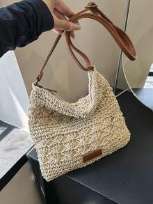 迷你纯色钩针包，小号编织斜挎包，可调节肩带，时尚迷你镂空花卉图案手机袋，女士礼物