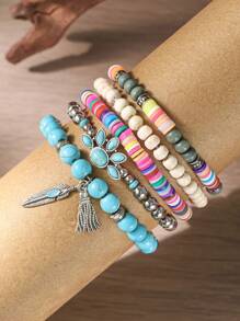 5pcs Bohemian Handmade Beaded Bracelet Imitation Turquoise Bear Paw Feather Design Elastic Stacking For Men And Women Party Music Festival Gifts Denim Western