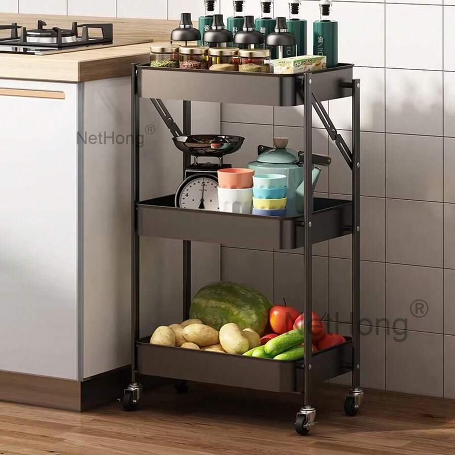 NetHong 3 Tier Metal Folding Trolley Cart For Versatile Storage Solutions, Rolling Shelf Organizer For Beauty, Office, And Home Use, Stylish And Functional Design For Easy Mobility, Perfect For Events, Crafting, And Everyday Organization Needs, Enhance Your Space With This Multi-Purpose Utility Cart - Black a - View 1