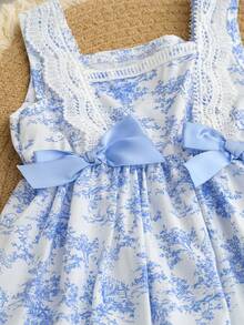 Baby Girls Lace Trim Off Shoulder Sleeveless Bow Decor Dress, Summer - Blue - View 4
