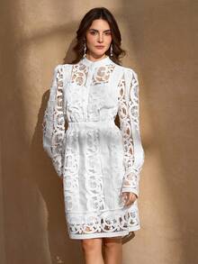 优雅女式立领褶饰腰部弹性 A 字连衣裙 - 白色 - 查看 1