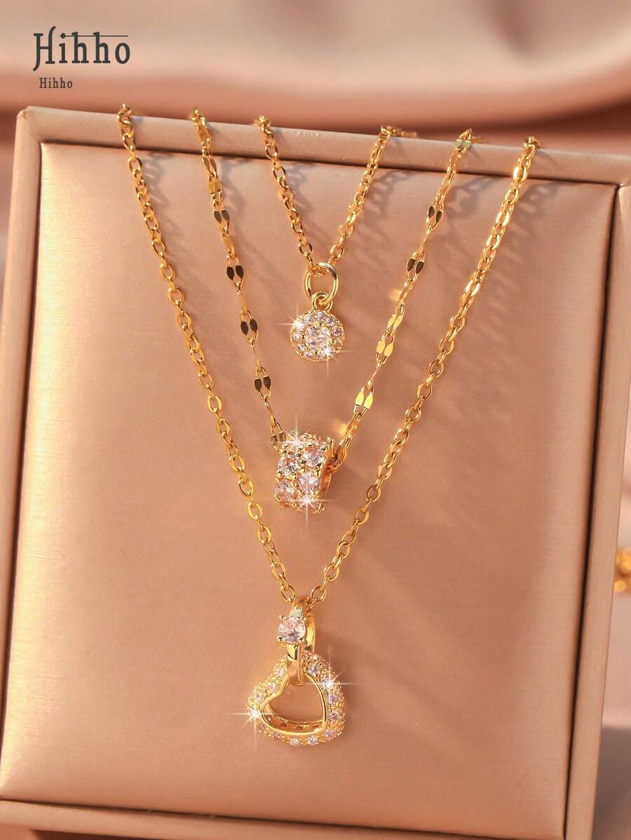 Hihho 3pcs Fashionable & Casual Heart-Shaped Waist Design Cubic Zirconia Inlaid Women's Necklace Set, Creative Personalized Party Gift - Yellow Gold - View 1